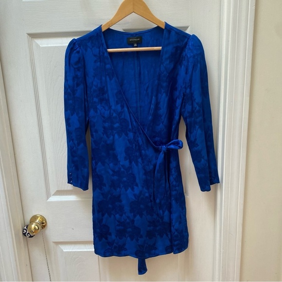 Majorelle Revolve blue floral wrap dress silky Bedford Mini Dress - Picture 2 of 8